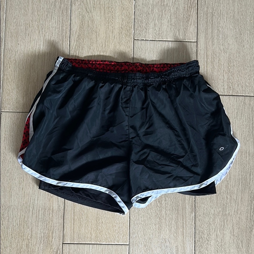 Umbro Black Athletic Shorts with Red Patterned Trim and Under Shorts